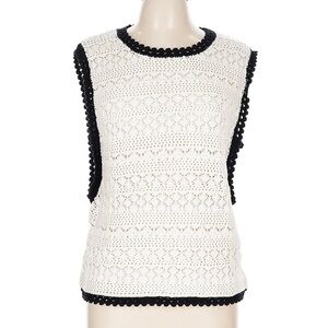 NWT Bobeau White Crochet Sleeveless Sweater Tank with Black Trim Sz L